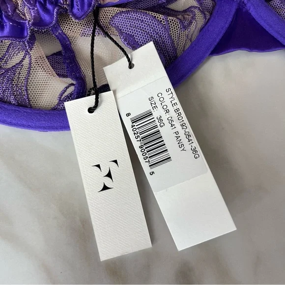 NWT Fleur Du Mal Purple Pansy Embroidery Plunge Silk Demi Bra 36G